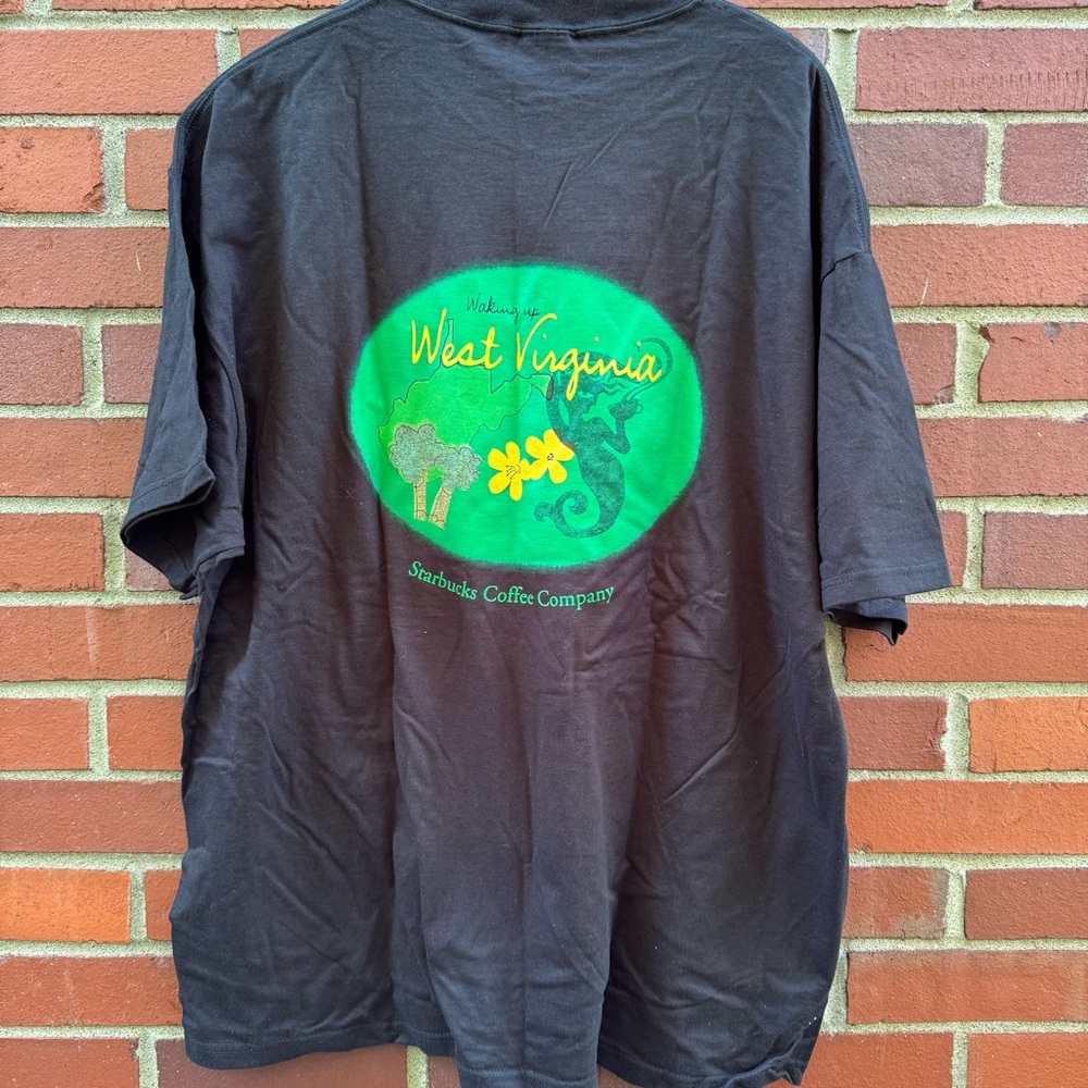 Starbucks Waking Up West Virginia black green logo tree flowers t-shirt- XL